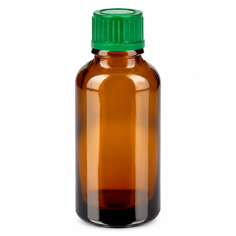 30 ml flaske 11 mm SV grøn STD BrownLine UT18/30 30 ml ravfarvet glasflaske med grønt skruelåg til æteriske olier og medicin