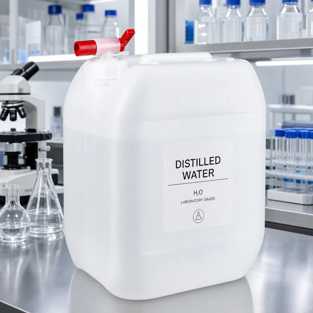 Beholder 10 liter med aftapningshane 10-liters laboratoriekanister med rødt udløbshan, fyldt med destilleret vand, på et bord af rustfrit stål