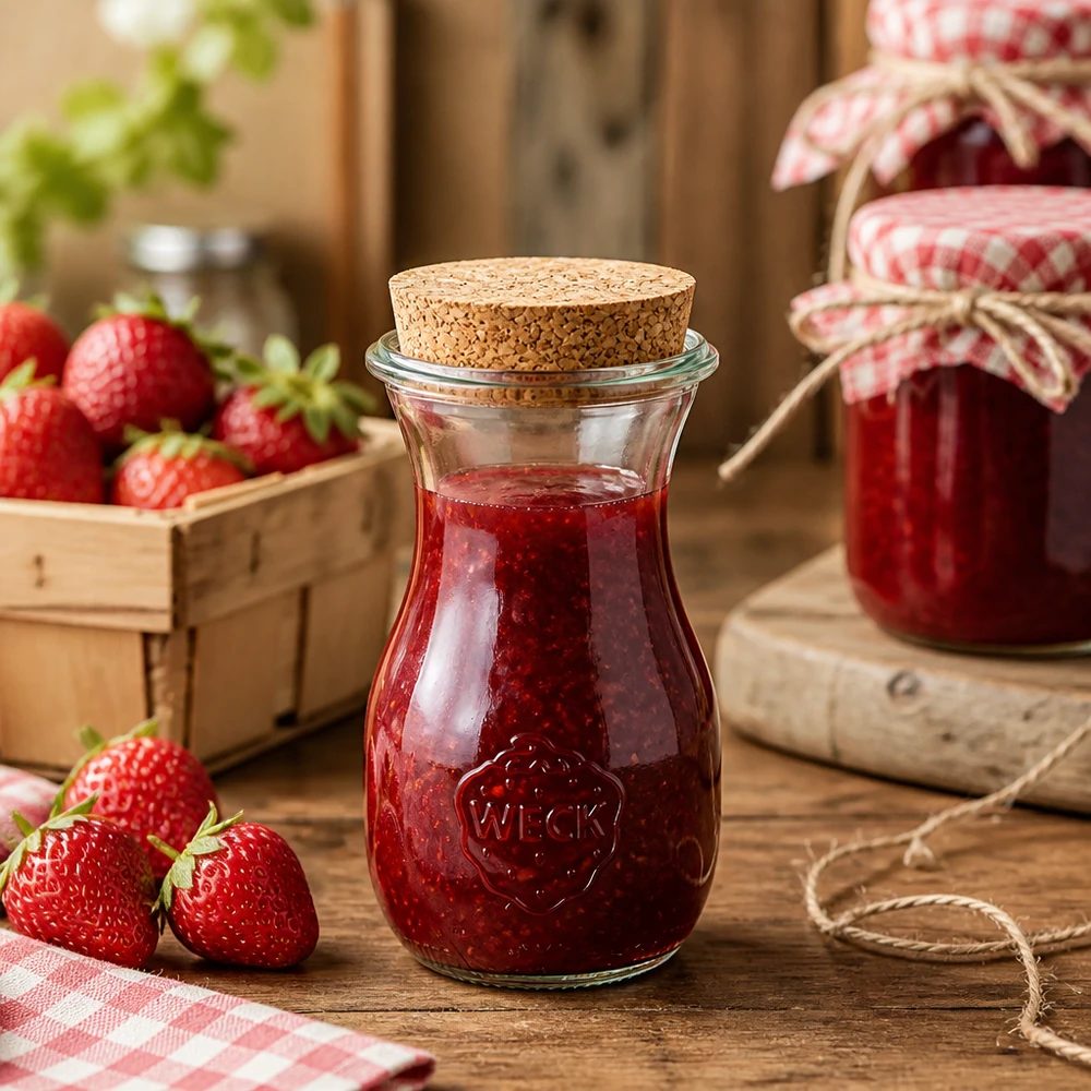 290 ml juiceflaske WECK RR60 med kork natur WECK juiceflaske 290 ml med kork fyldt med jordbærmarmelade i rustikt køkken med friske jordbær