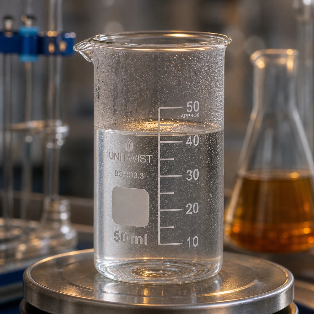 Bæger 50 ml borosilikat, høj form UNITWIST UNITWIST måleglas 50 ml, høj model, borosilikatglas, på laboratorievægt med kondensvand på ydersiden