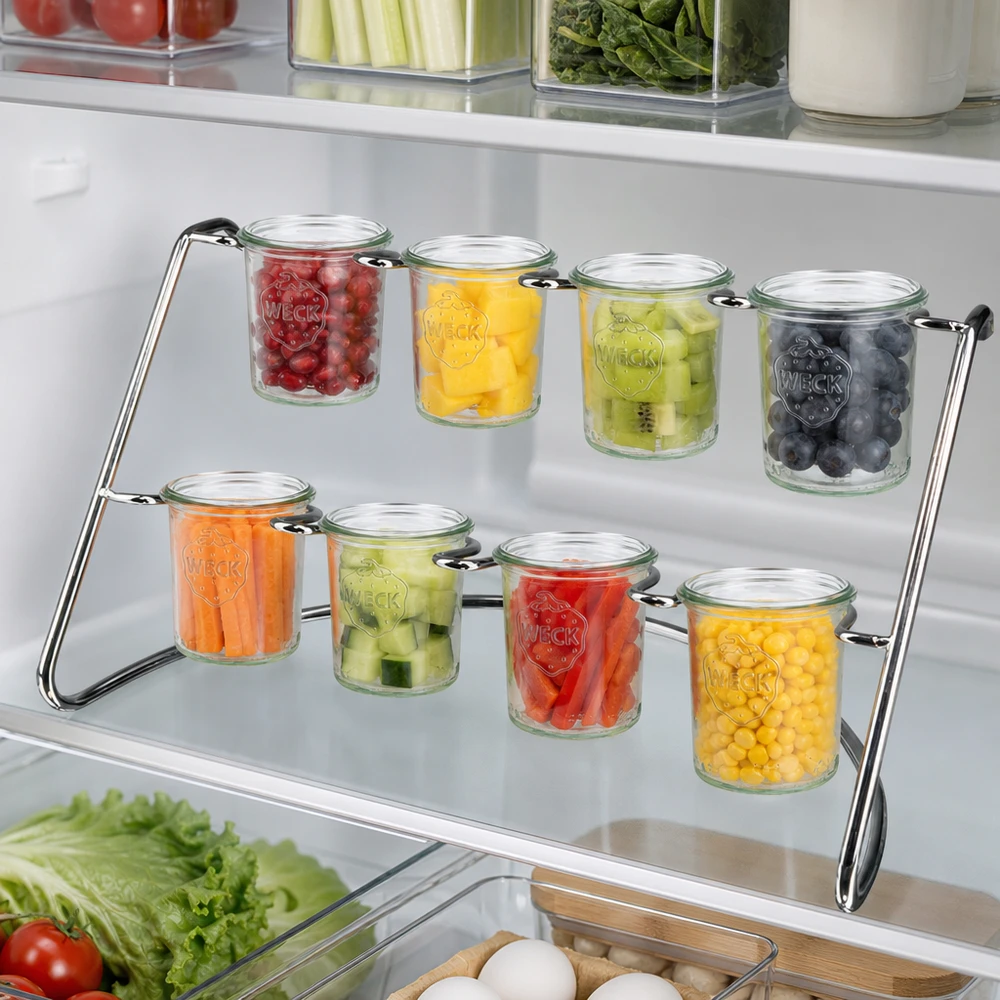 Flato8-serveringsstativ til 8 WECK-glas Flato8 serveringsstativ i køleskabet med frisk frugt og grøntsager i WECK-bægre til praktisk opbevaring