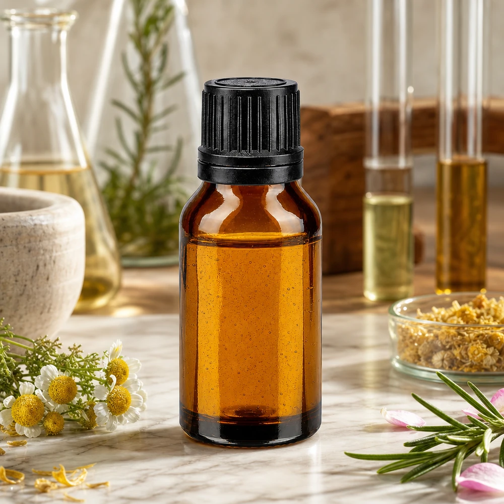 Apoteksflaske brun 15ml dryp v. Pr. 1mm sort OV En ravfarvet 15 ml flaske med sort skruelåg omgivet af kamilleblomster og rosmarin