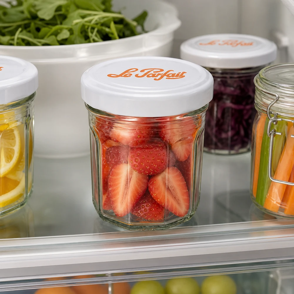 Le Parfait® Mini‑Jam 44 ml Ø48 mm glas Le Parfait Mini-Sturzgläser 44ml mit frischen Erdbeeren im Kühlschrank - praktische Aufbewahrung für Früchte