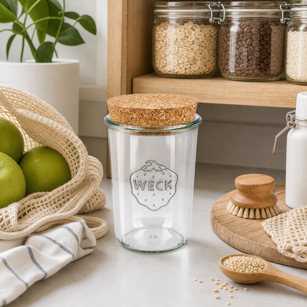 850 ml Briller WECK RR100 med kork natur WECK glas 850 ml RR100 med korklåg i bæredygtigt køkken ved siden af opbevaringsglas med frugt og træredskaber