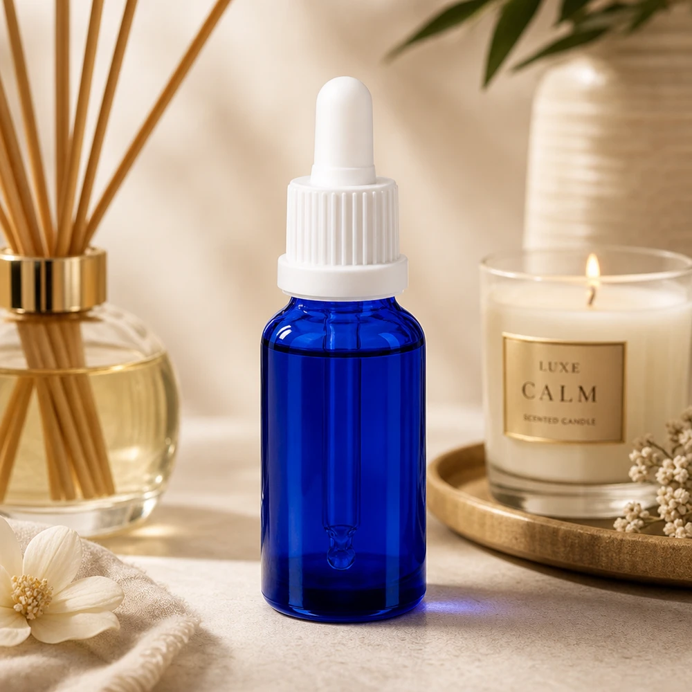 20 ml pipetteflaske hvid OV BlueLine UT18/20 20 ml glasflaske af høj kvalitet med dråbepipette i intens blå til serum og tinkturer