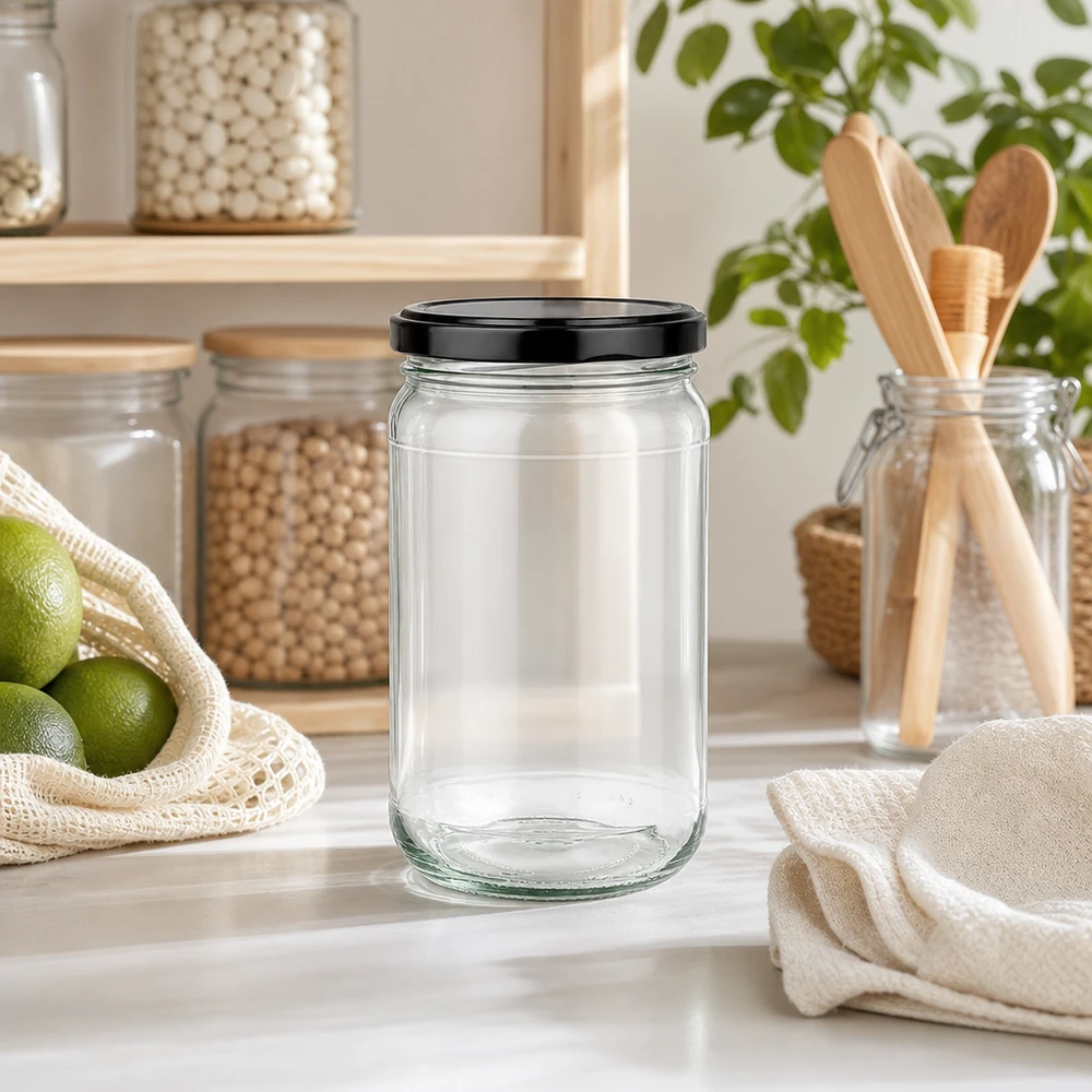 305 ml rund krukke med BasicSeal-låg sort UNiTWIST 305ml Rundglas UNiTWIST mit schwarzem Deckel in moderner Zero-Waste Küche neben Holzutensilien und Limetten