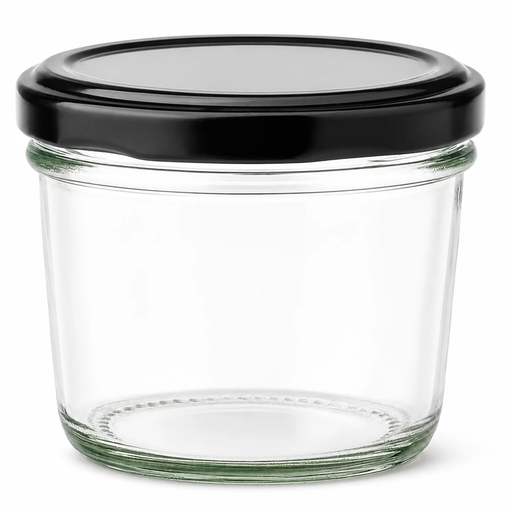 230 ml Briller med BasicSeal-låg sort UNiTWIST 230 ml murerbalje med sort BasicSeal-låg af klart glas til marmelade og konserves