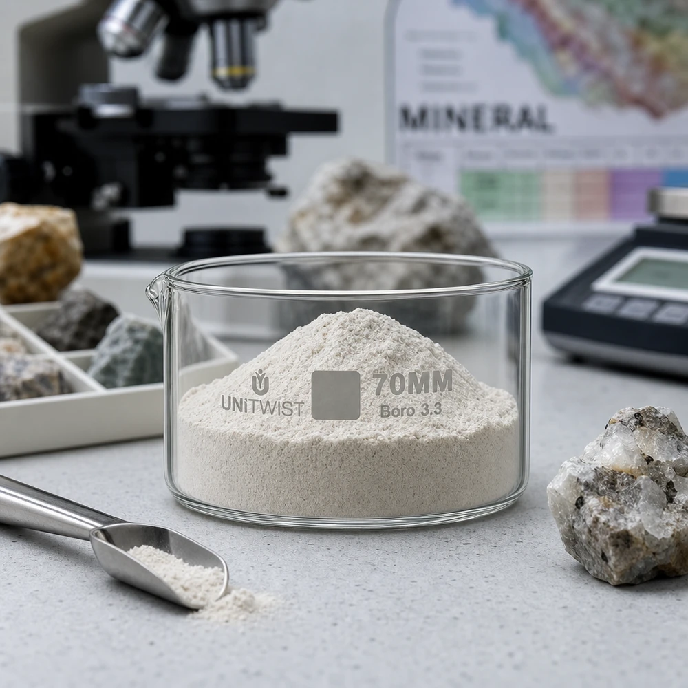 Krystalliseringsskål ø70mm borosilikatglas UNiTWIST Krystalliseringsskål 70 mm UNiTWIST Boro 3.3 med hvidt mineralpulver i geologilaboratoriet