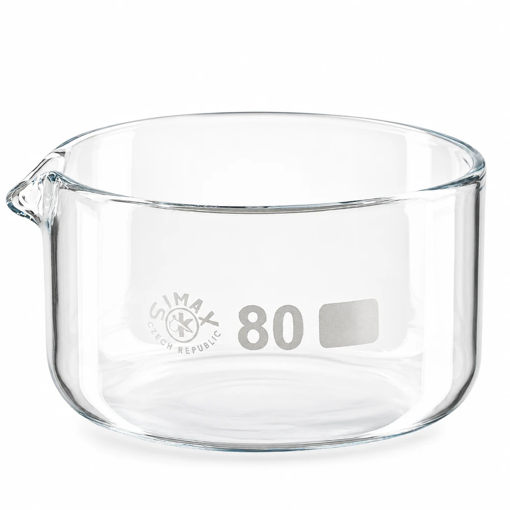 Krystalliseringsskål 150 ml med borosilikat-tud 150 ml krystalliseringsskål med tud af borosilikatglas, ø 80 mm, fra SIMAX Czech Republic