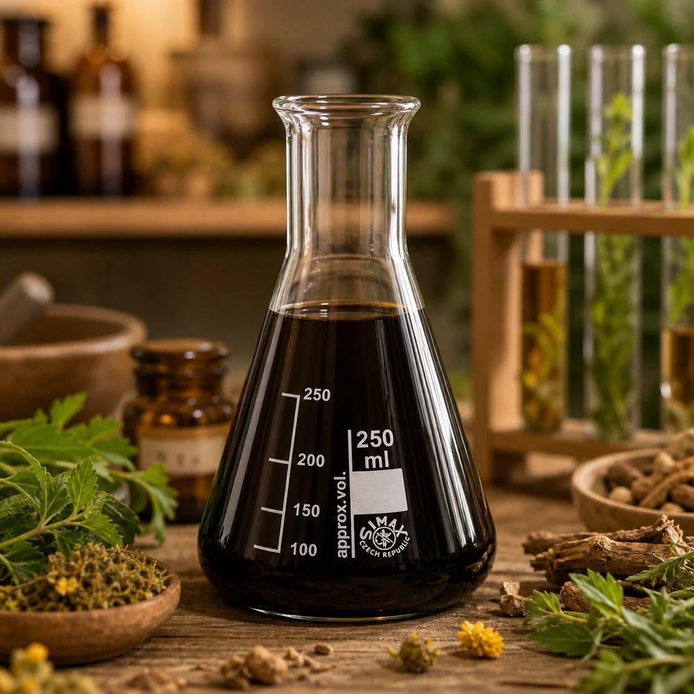 Erlenmeyer-kolbe 250 ml med smal hals Varmebestandig Erlenmeyer-kolbe 250 ml med sort væske til naturopati og urteekstrakter