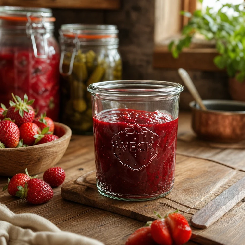 160 ml Briller WECK RR60 WECK 160 ml RR60-glas fyldt med jordbærmarmelade på et træbord med friske jordbær og syltetøjsglas