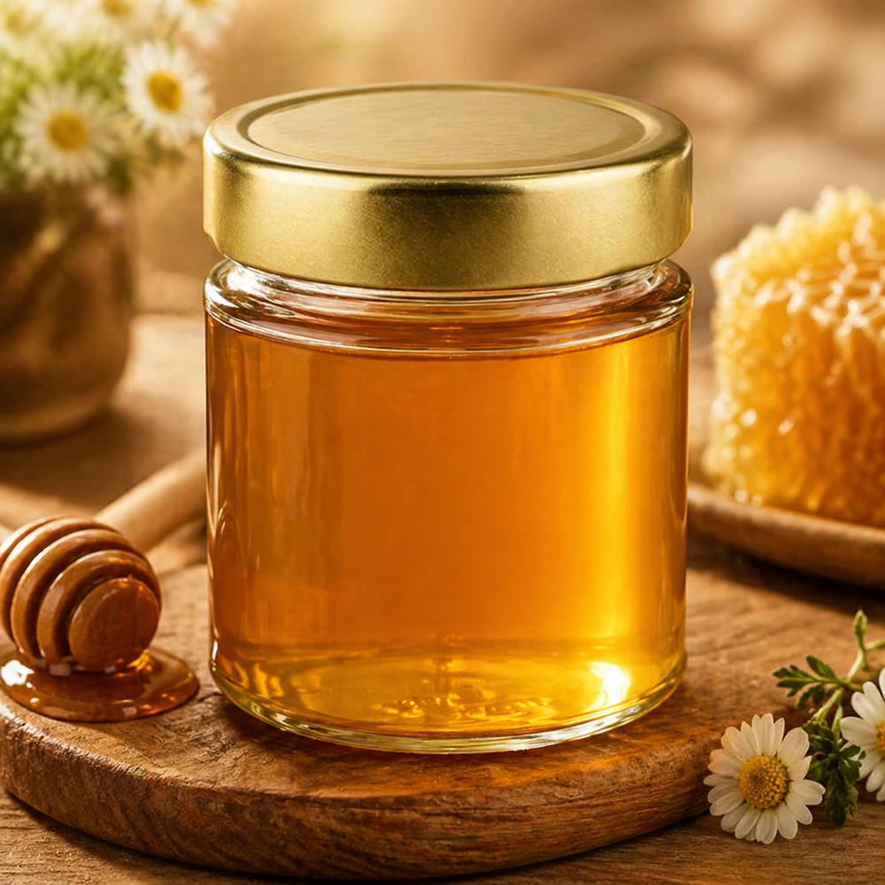 154 ml rund krukke med BasicSeal-låg guld dyb UNiTWIST 154 ml rund krukke med gyldent låg fyldt med honning Honningkrukke honningkrukke med honningske blomster naturprodukt