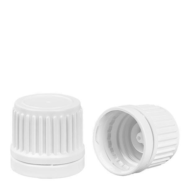 Hvidt skruelåg (DIN18, UT18) med sikkerhedsring. Til ApoGlas®, UNiTWIST® & Miron® Apoteksflasker 5-100 ml.