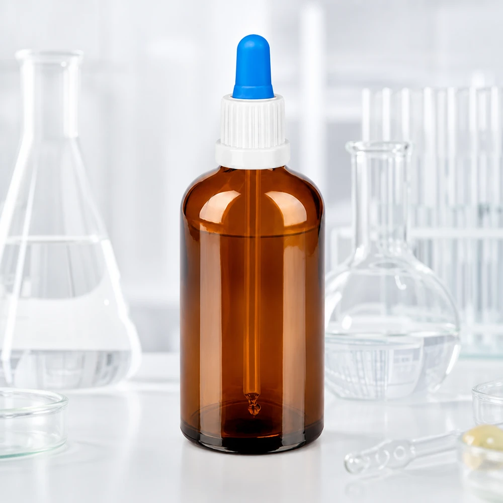 100 ml pipetteflaske hvid/blå OV BrownLine UT18/100 100 ml apotekerflaske af ravfarvet glas med dråbepipette til præcis afmåling af væske