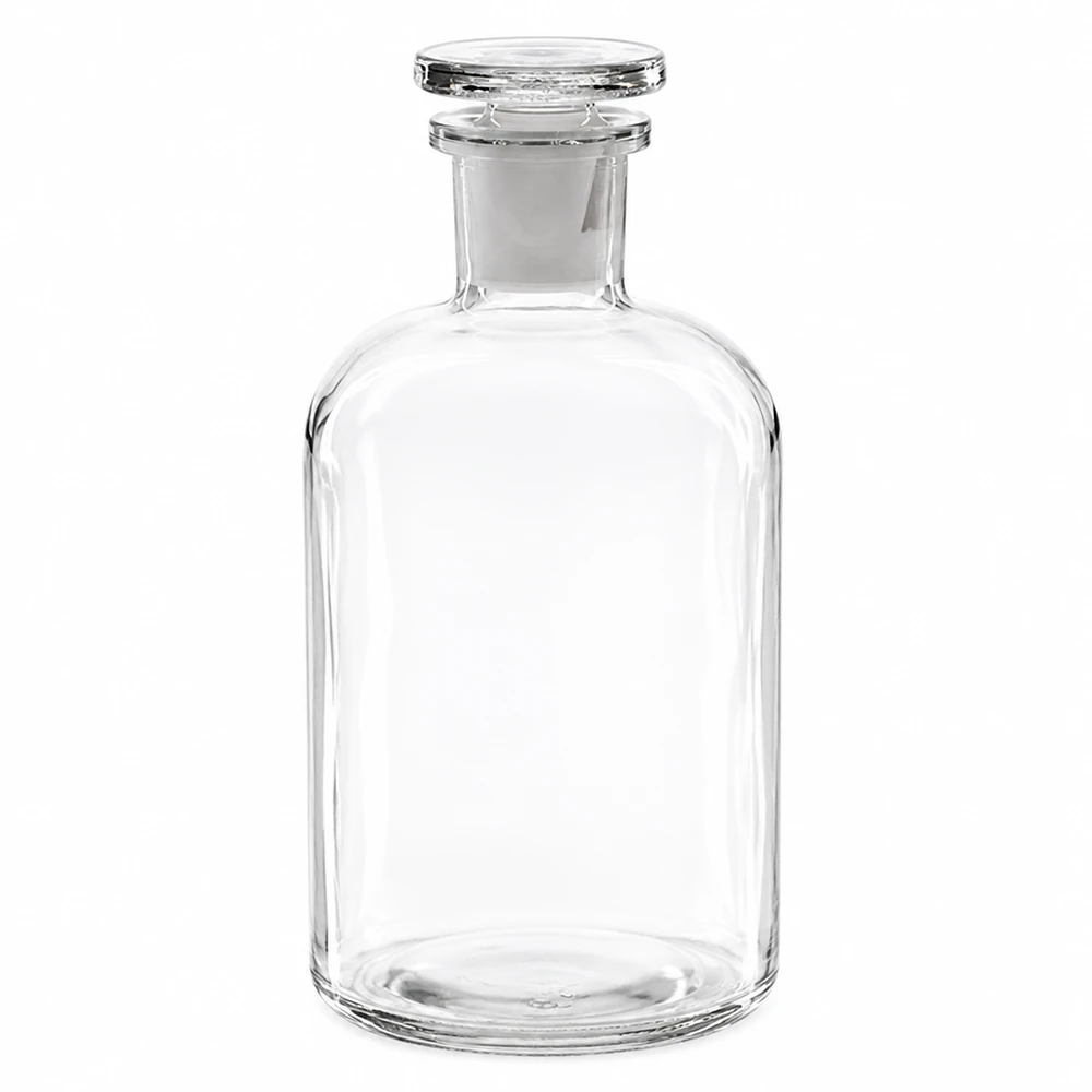 Rund skulderflaske 500 ml klar glasprop med smal hals Rundskulderflaske, 500 ml, klar, med glasprop, fremstillet af borosilikatglas af høj kvalitet