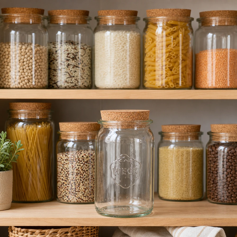 145 ml cylinderglas WECK RR40 med kork natur WECK Vorratsglas 145ml in stylischer Küchenorganisation mit Korkverschluss zwischen gefüllten Vorratsgläsern auf Holzreg