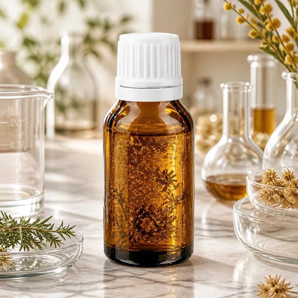 Medicinflaske af brunt glas, 15 ml, med hvid skruelåg, mellem laboratoriekolber og lægeurter