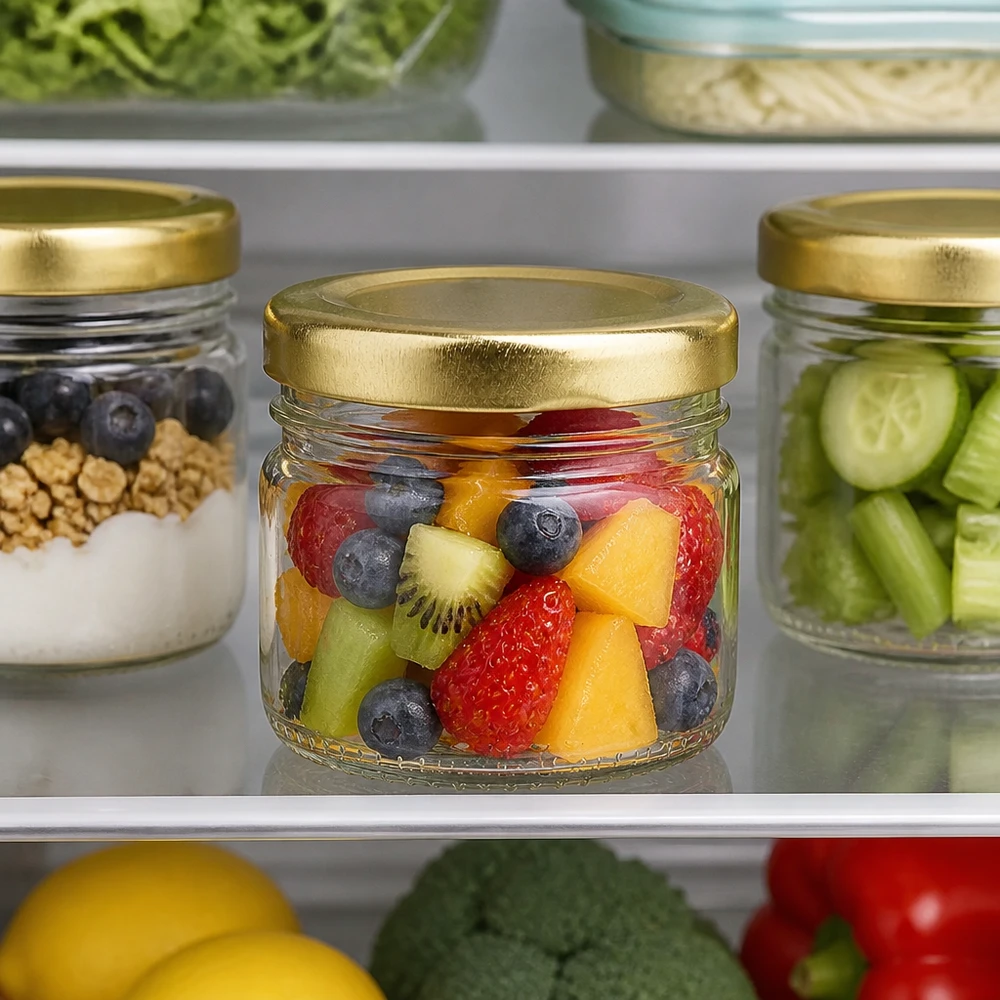Frisk frugtsalat i et rundt glas på 33 ml med et gyldent BasicSeal-låg i køleskabet