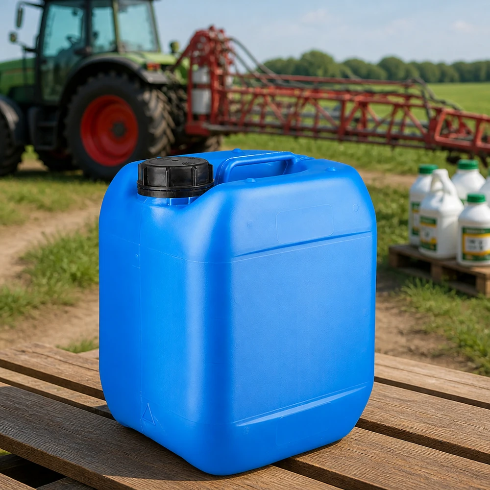 5 liters blå dunk med skruelåg OV Blå 5-liters dunk med OV-skruelåg på en træpalle ved siden af plantebeskyttelsesmidler
