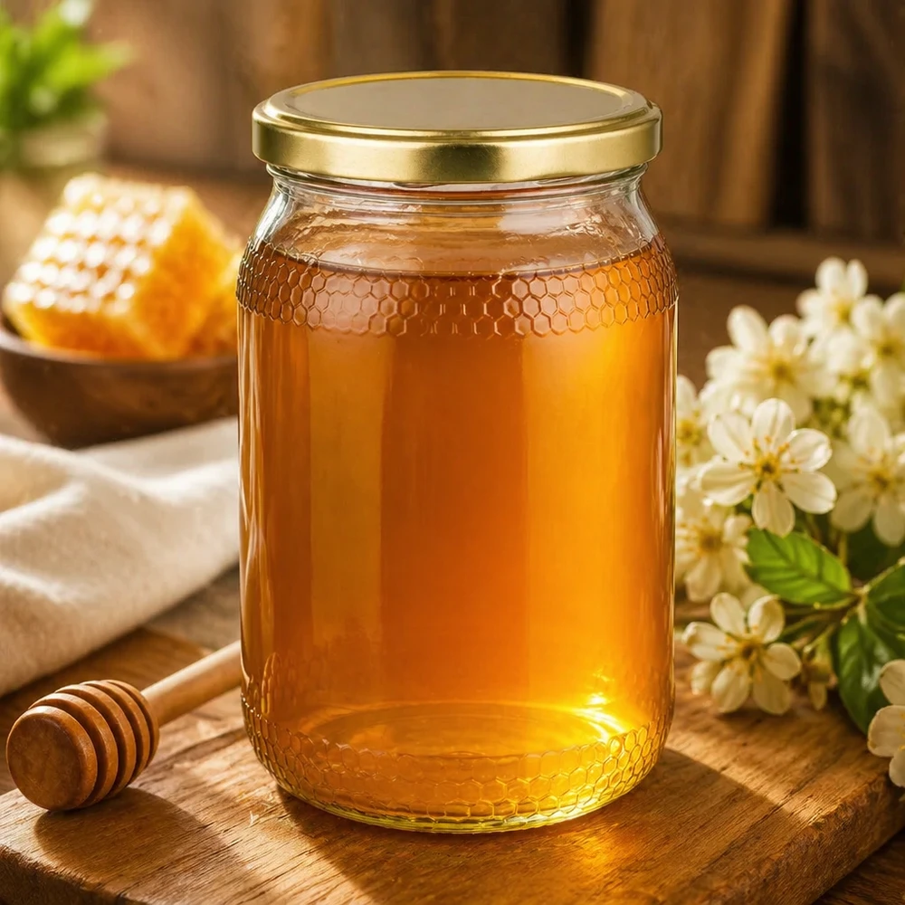 1260 g honningglas med gyldent BasicSeal UNiTWIST-låg Honningfyldt 900 ml krukke med gyldent UNiTWIST-låg i en naturlig atmosfære med blomster og honningkager