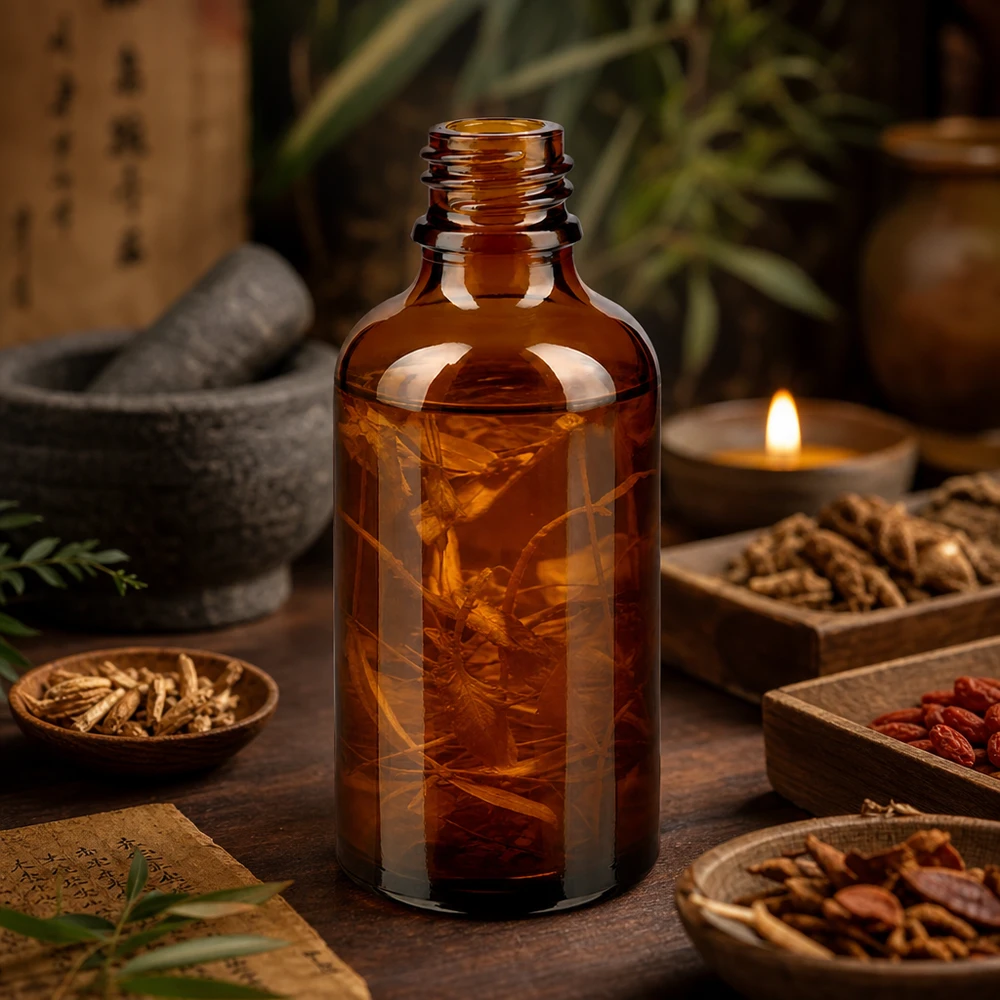 Dropperflaske 50 ml DIN 18 lavet af ravfarvet glas 50 ml brun ApoGlas-apoteksflaske med tørrede rødder omgivet af traditionelle lægeurter og levende lys