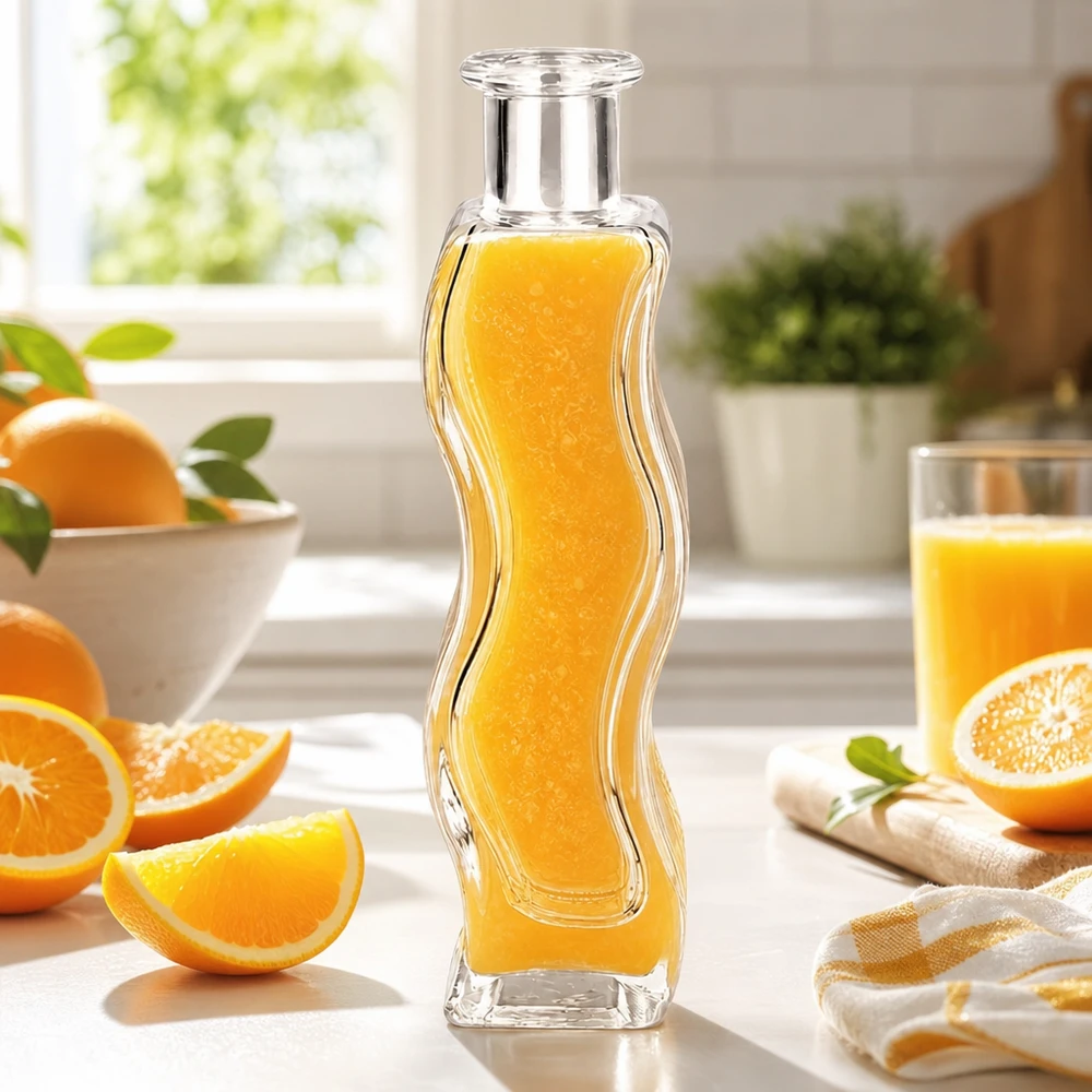 100 ml glasflaske »Melissa« uden lukning UNiTWIST® 100 ml glasflaske med Melissa fyldt med appelsinjuice i et lyst køkken omgivet af friske appelsiner og citrusfrugter