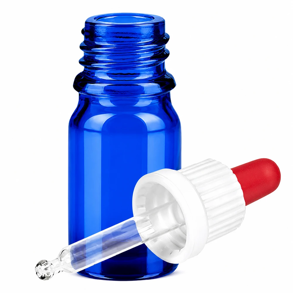 5 ml pipetteflaske hvid/rød OV BlueLine UT18/5 Lille blå glasflaske 5 ml med pipette til æteriske olier og kosmetik BlueLine UT18/5