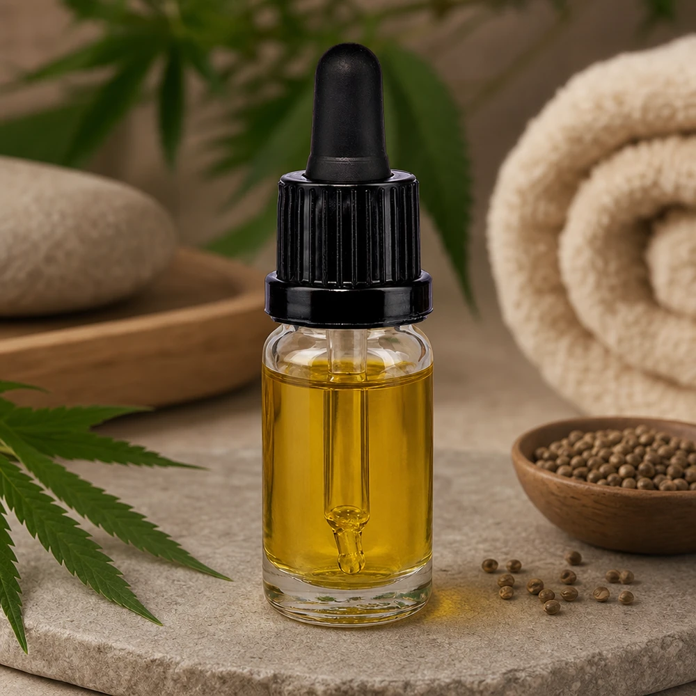 10 ml pipetteflaske sort OV ClearLine UT18/10 Gennemsigtig 10 ml glasflaske med sort dråbetæpper og hampeblad til CBD-olie