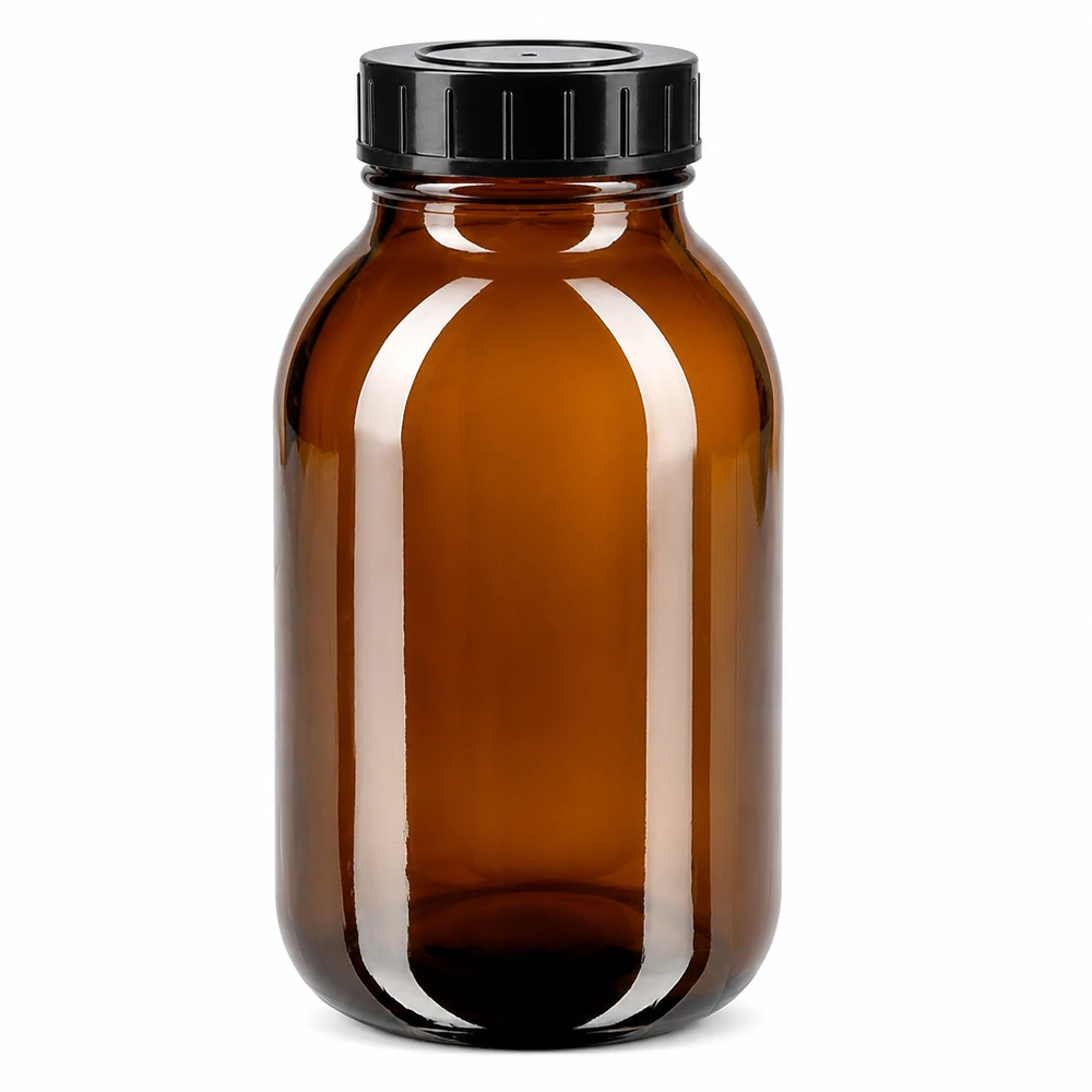 500 ml flaske med bred hals i ravfarvet glas med skruelåg 500 ml flaske med bred hals lavet af ravfarvet glas med sort skruelåg til optimal opbevaring