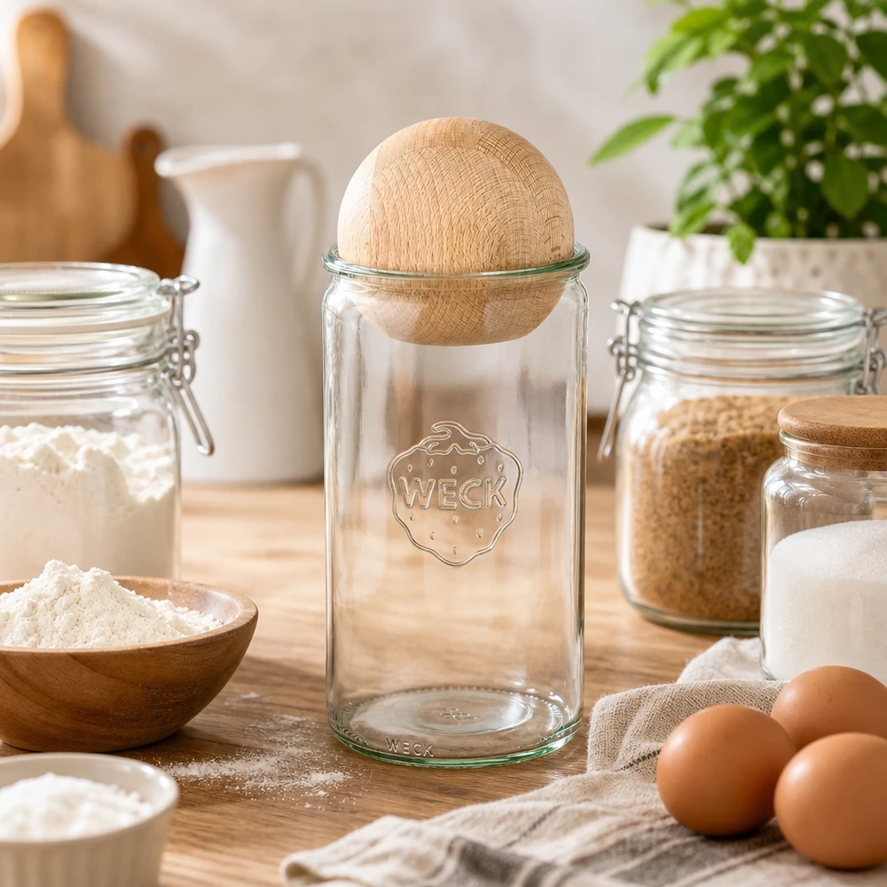 1590 ml cylinderglas WECK RR100 med trækugle bøg WECK cylinderkrukke 1590ml RR100 med trækugle lavet af bøg i bagerikøkken med mel, æg og bageingredienser