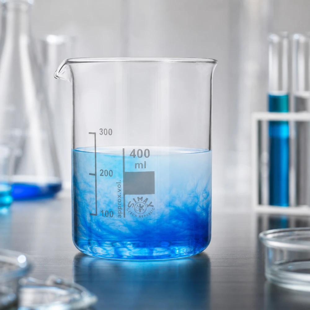 Bægerglas 400 ml borosilikatglas, lav form Gennemsigtigt 400 ml bægerglas med blå væske og tydelig milliliterinddeling