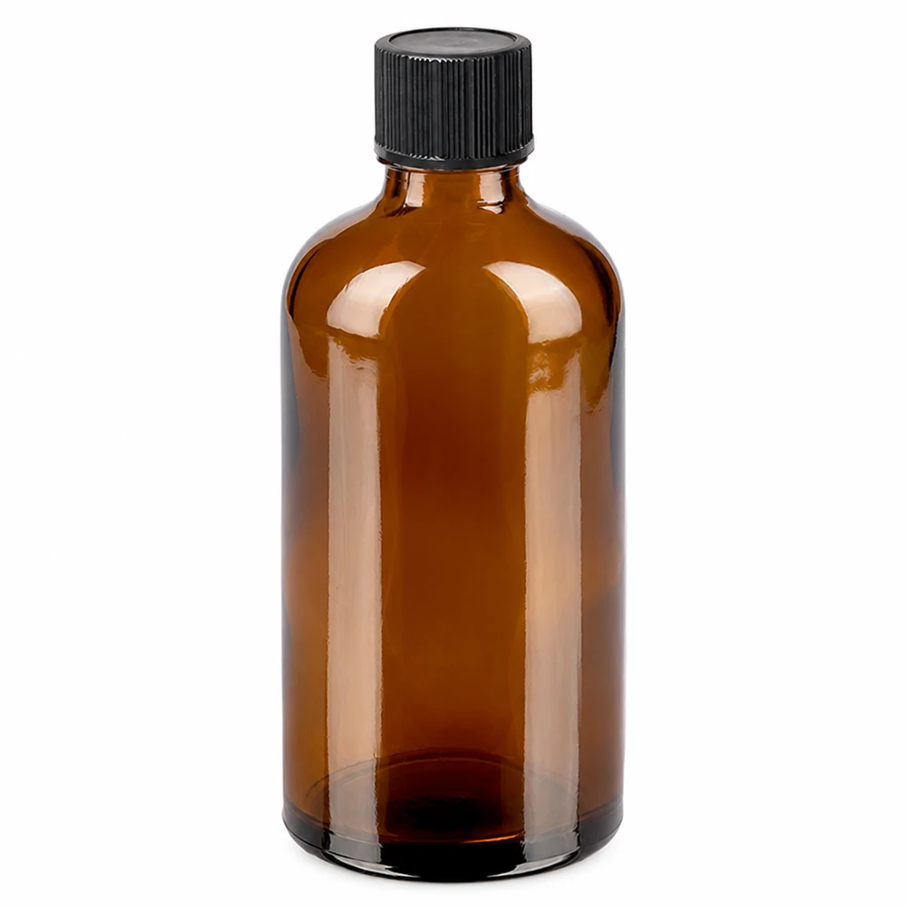 100 ml dråbeflaske 1 mm sort STD BrownLine UT18/100 100 ml ravfarvet glasflaske med sort dråbehætte til æteriske olier og tinkturer
