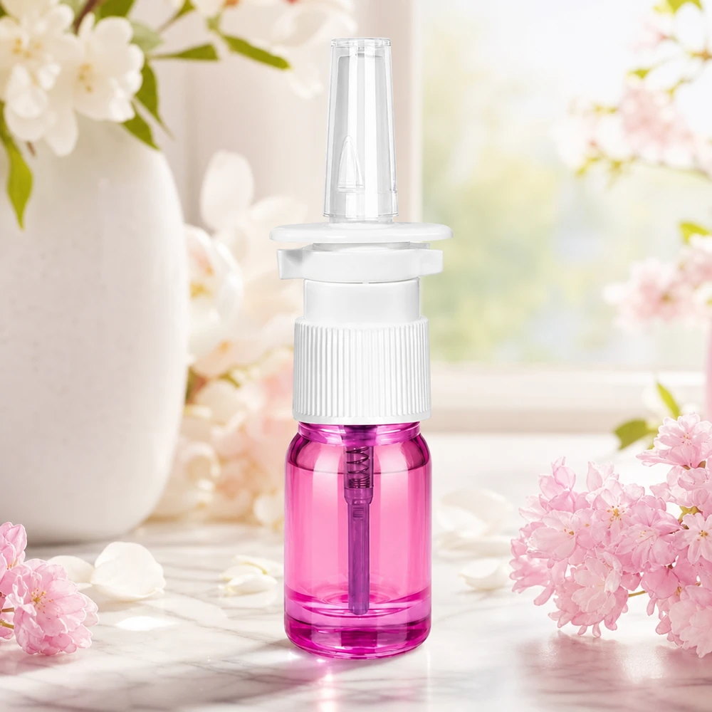 5 ml næsesprayflaske hvid/transparent standard PurpleLine UT18/5 Lilla 5 ml næsesprayflaske med standard UT18/5-gevind til medicinske og kosmetiske sprayløsninger