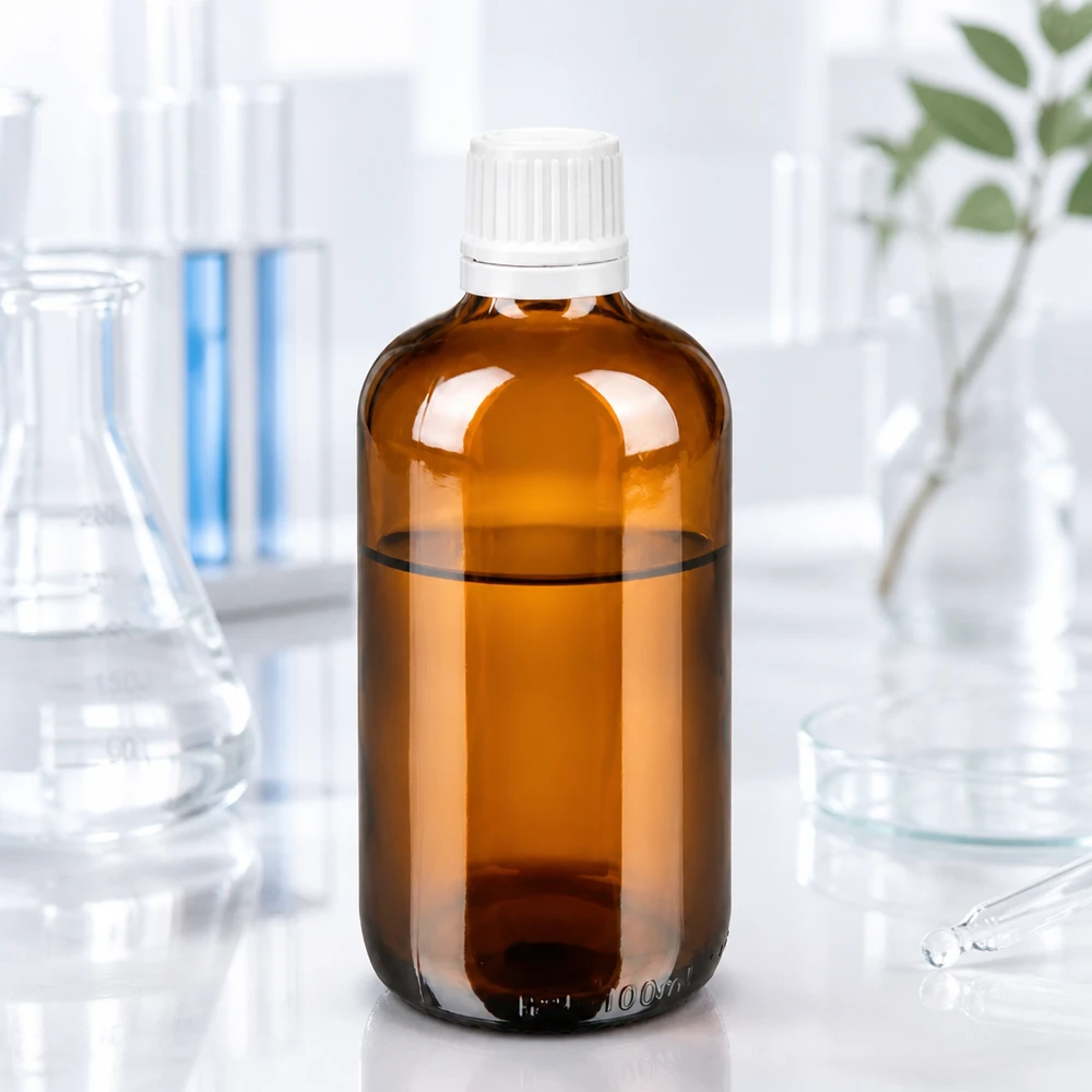 100 ml apotekerflaske af brunt glas med hvid OV-lukning og 0,7 mm dråbetæller i laboratoriet
