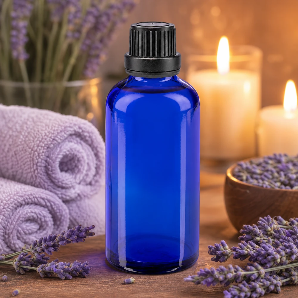 Apoteksflaske blå 50 ml skruelåg sort tæt OV Blå glasflaske på 50 ml med lavendel og stearinlys i en afslappet spa-atmosfære