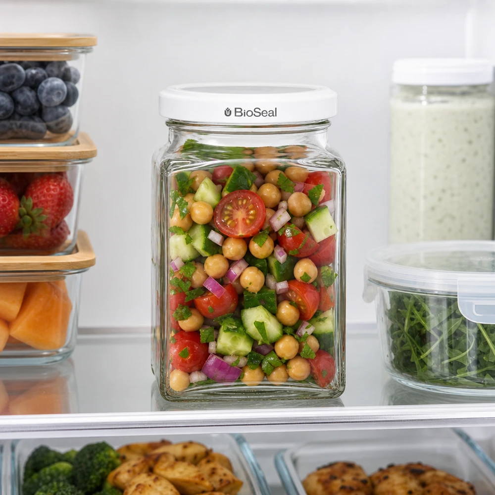 UNiTWIST Tetra260 med hvidt låg TO58 BioSeal UNiTWIST Tetra260 Vorratsglas im Kühlschrank mit Kichererbsensalat weißer TO58 BioSeal Deckel frische Aufbewahrung