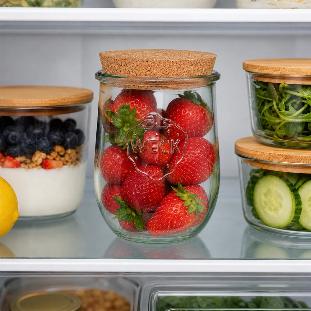 1062 ml tulipankrukke WECK RR100 med kork natur WECK tulipankrukke 1062 ml RR100 med korklåg til opbevaring af friske jordbær i køleskabet Meal Prep Organisation