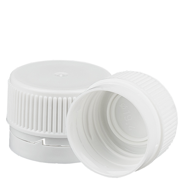 Skruelåg hvid med tyverisikring PP28 ApoGlas. Farmaceutisk kvalitet. 28 mm gevind. Til f.eks. ApoGlas® Euro-medicinflasker.