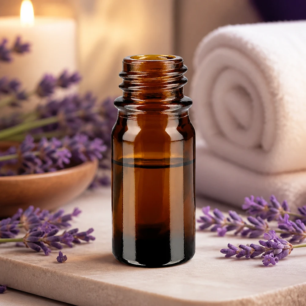 Dropperflaske 5 ml DIN 18 lavet af ravfarvet glas 5 ml brun apotekerflaske ApoGlas med lavendel og spa-tilbehør til aromaterapi og æteriske olier