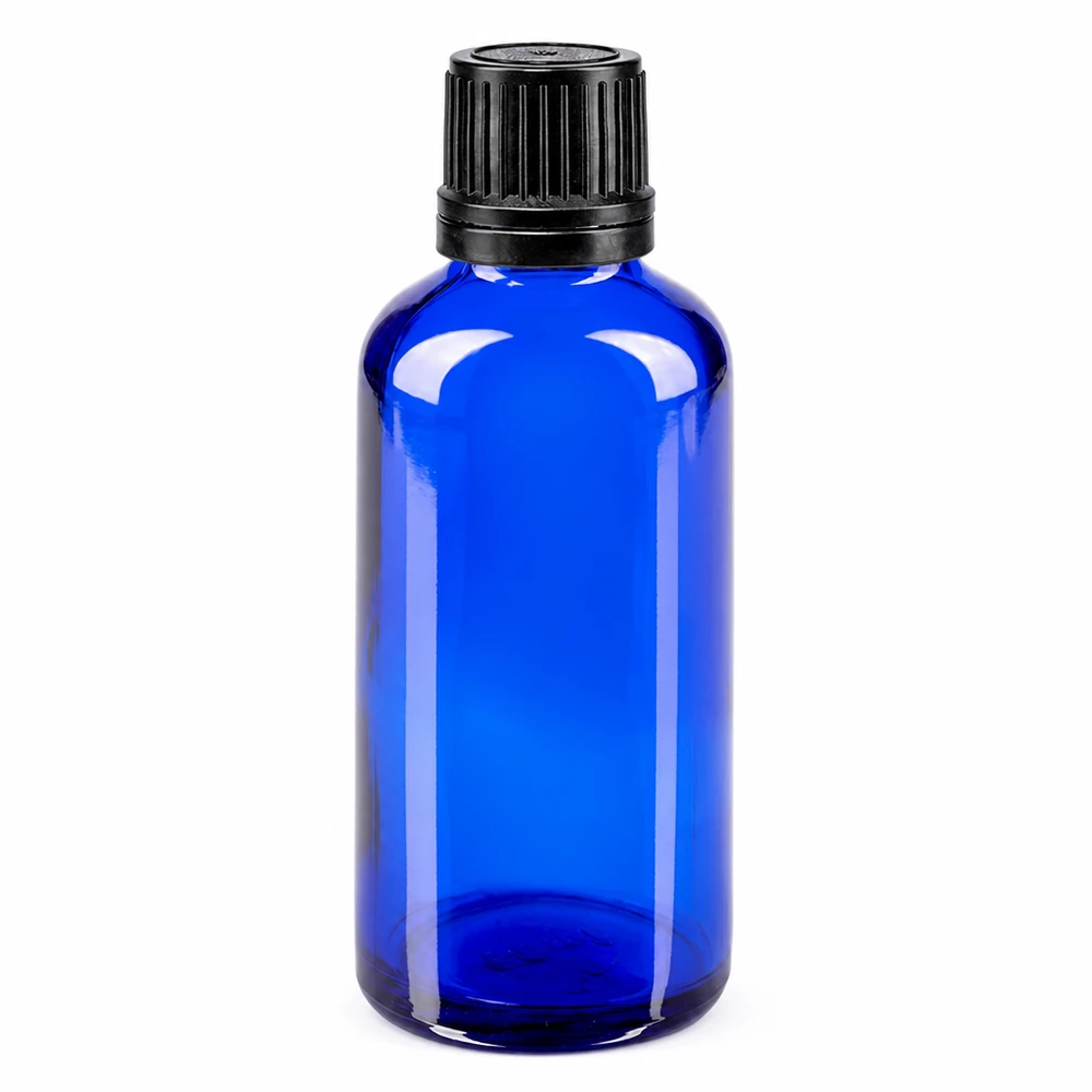 Apoteksflaske blå 50ml skruelåg sort hældeprop r. OV 50 ml blå apotekerflaske af glas med sort originalprop (8 mm) til farmaceutiske og kosmetiske produkter