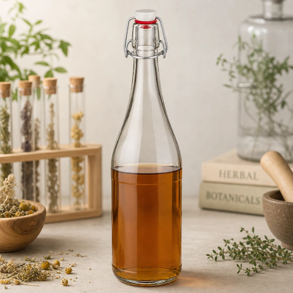 750 ml glasflaske og hængelåg i PVC UNiTWIST 750 ml glasflaske med svingtop fyldt med urtete medicinske urter botaniske stilleben naturlige ingredienser