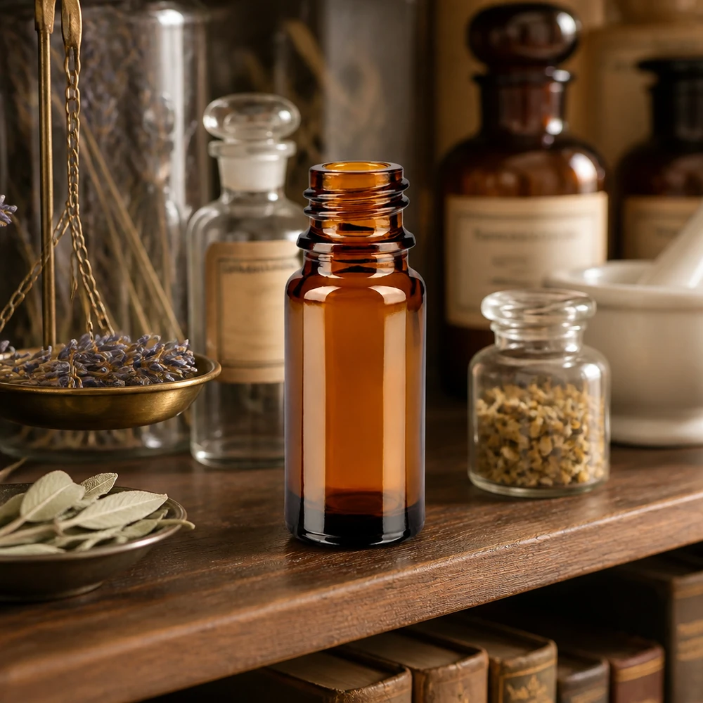 Dropperflaske 10 ml DIN 18 lavet af ravfarvet glas 10 ml brun apotekerflaske ApoGlas med vintage-apoteksvægt og medicinske urter på en træhylde
