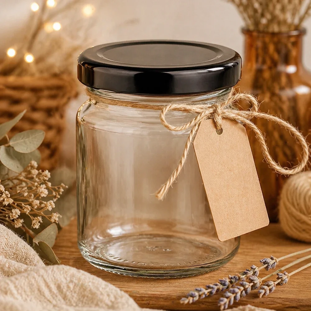53 ml rund krukke med BasicSeal-låg sort UNiTWIST 53ml Rundglas mit schwarzem Deckel leeres Einmachglas mit Kraftpapier-Etikett rustikale Geschenkverpackung Dekoration