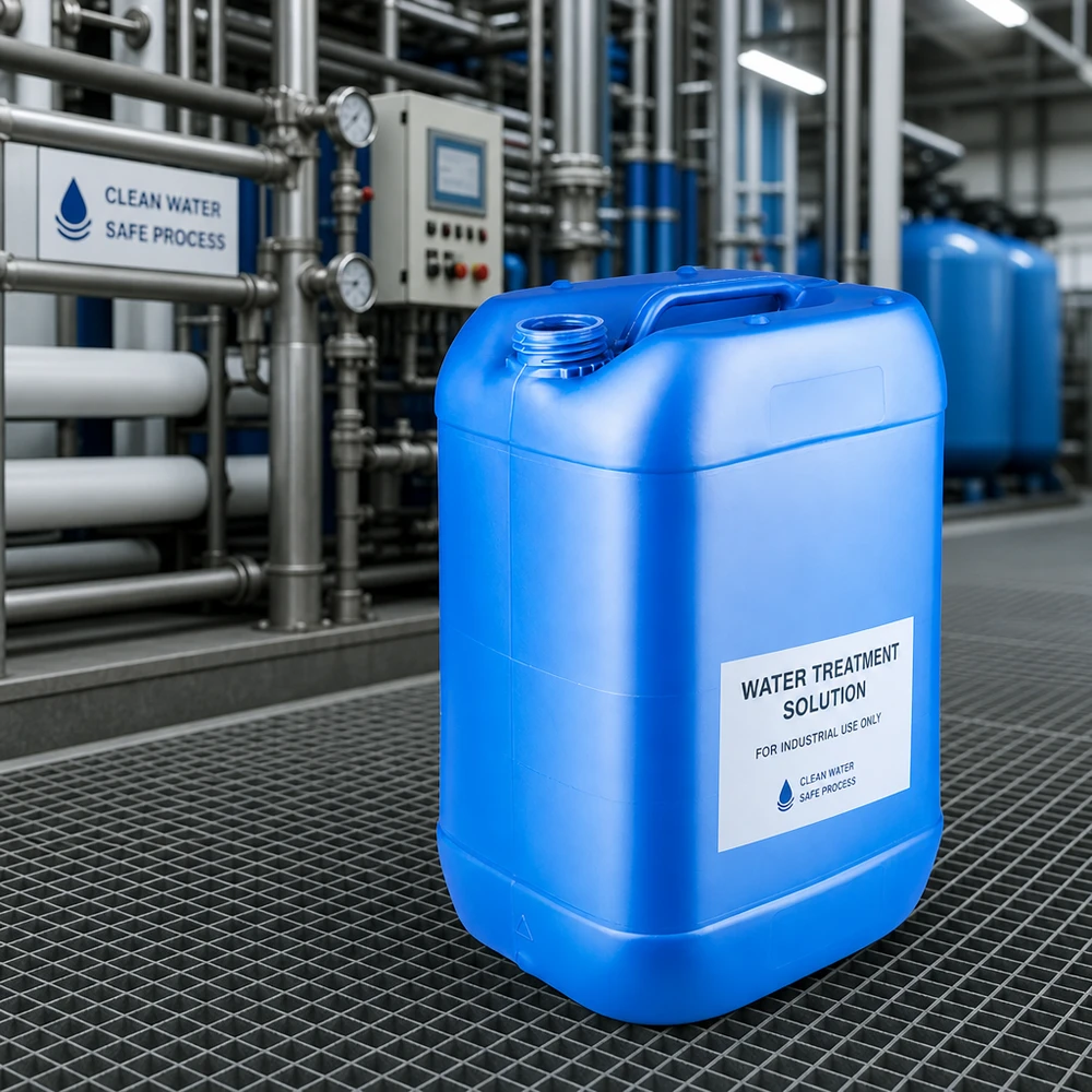 Blå 25-liters dunk uden låg i et vandbehandlingsanlæg til industrielle kemikalier