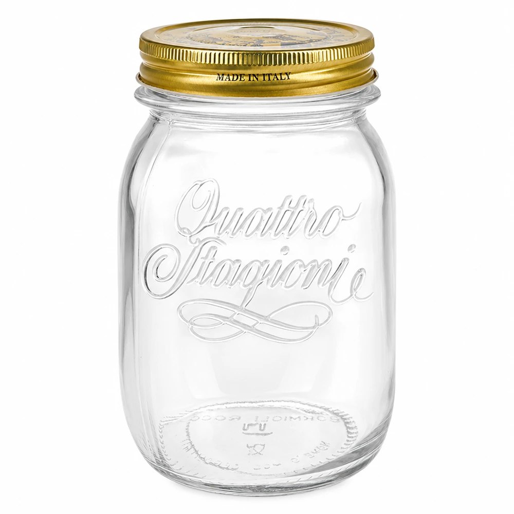 500 ml rund krukke "Quattro Stagioni" med låg 500 ml rund krukke Quattro Stagioni med gyldent skruelåg Made in Italy Konserveringskrukke Opbevaringskrukke transparent