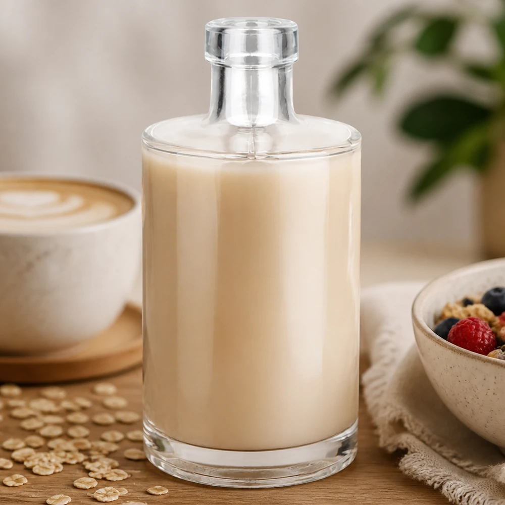 350 ml glasflaske Marie uden lukning UNiTWIST® 350 ml glasflaske Marie fyldt med cremet havremælk ved siden af kaffekop og kornskål Lifestyle Image 3 of 10