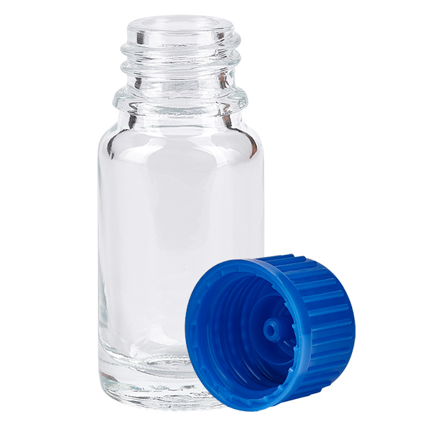 10 ml flaske 11 mm SV blå STD ClearLine UT18/10 10 ml ClearLine-glasflaske UT18/10 med blå dråbeflaske, 11 mm skruegreb, åben