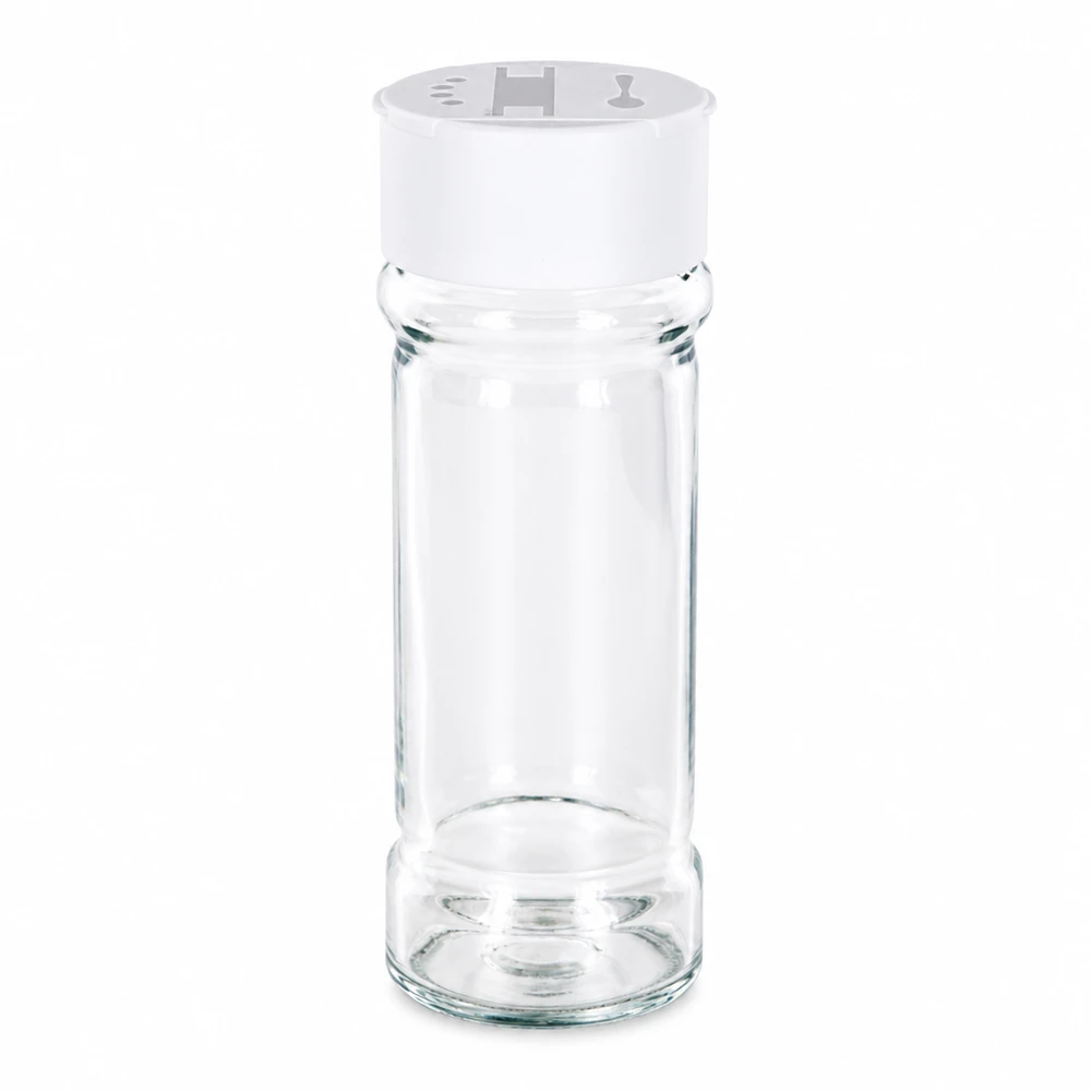 Salt-/krydderikrukke 100 ml med dobbelt strøer, hvid Tom krydderiglas på 100 ml af klart glas med hvidt låg med dobbelt strøfunktion