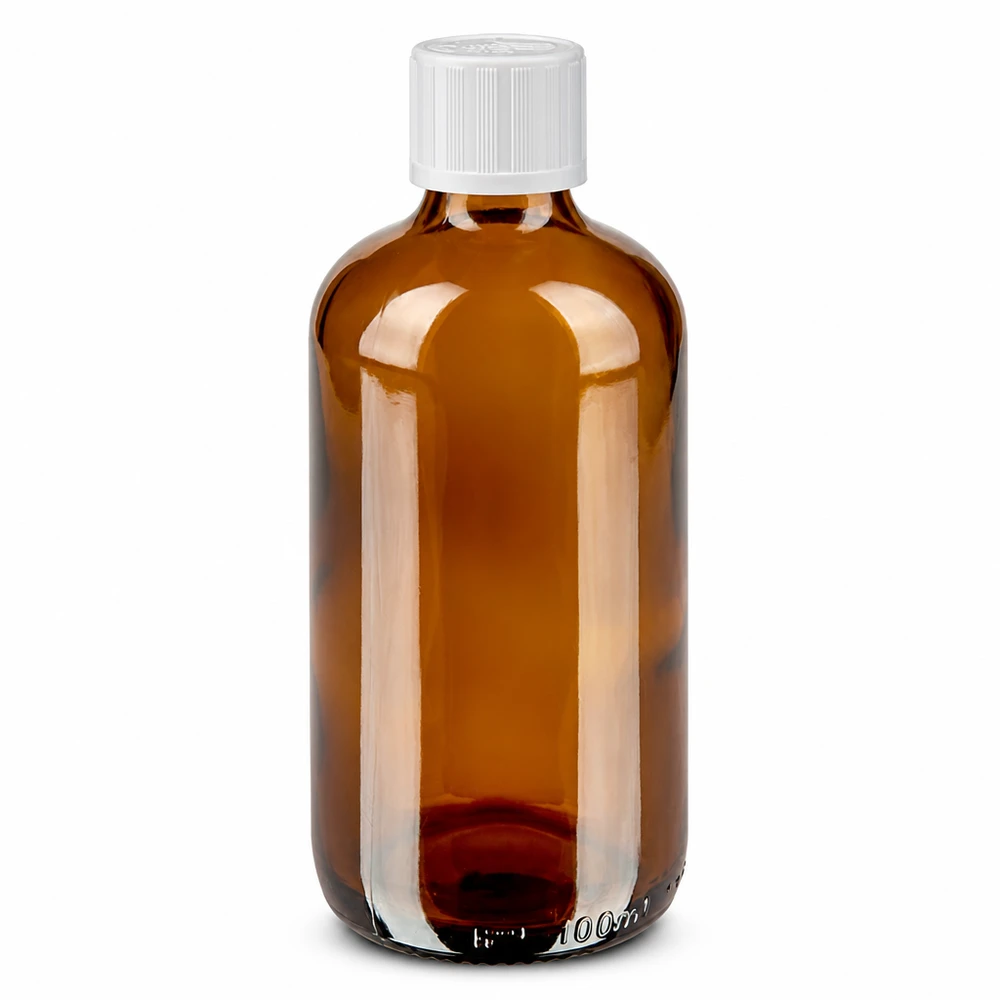 Apoteksflaske brun 100ml dråbetæller hvid KiSi St 100 ml brun apotekerflaske af brunt glas med hvid børnesikret lukning