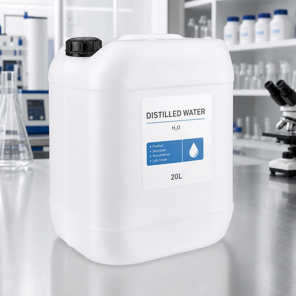 20 liters laboratoriekanister med originallukning til destilleret vand H₂O